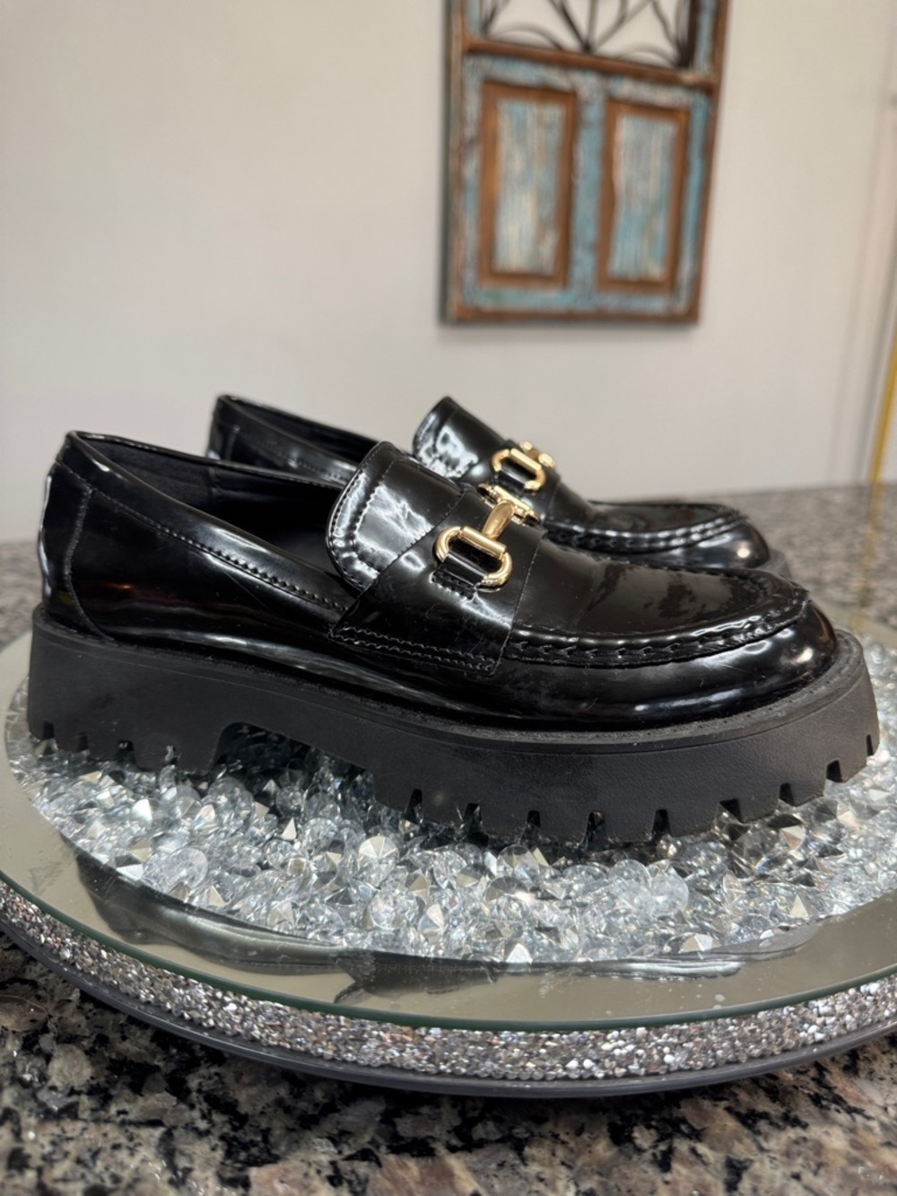 Dream Pairs Black Patent Chunky Loafer with Gold Buckle 7